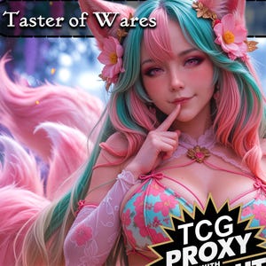 May include: An anime-style illustration of a woman with pink and teal hair, fox ears, and a fluffy pink tail. She wears a floral bikini and has a playful expression. The text "Taster of Wares" and "TCG PROXY" are visible.