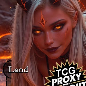 Puede incluir: Ilustración digital de una mujer con piel pálida, cabello largo y blanco y ojos naranja brillantes. Tiene pequeños cuernos y un diseño de fuego en la frente. La imagen incluye la palabra "Land" y un logo "TCG PROXY".