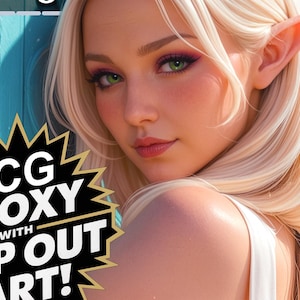 May include: A digital art image of a person with long blonde hair, pointed ears, and a white top. The image has text that says "TCG PROXY WITH POP OUT ART!" in a yellow and black starburst shape. The background is a bright blue.