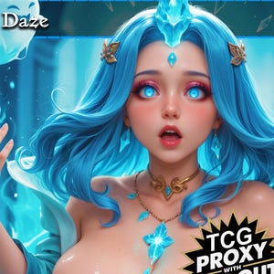 May include: Digital art of a woman with blue hair and glowing blue eyes. She wears a gold necklace with blue gems and a matching headpiece. The image has the word "Daze" in the upper left corner and "TCG PROXY" in the lower right corner.
