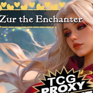 Könnte beinhalten: Eine digitale Illustration mit einer Figur mit langem, fließendem weißem Haar und blauen Augen. Der Text Zur the Enchanter erscheint oben mit einem gelben Herzrand. Eine schwarze Sternform am unteren Rand enthält den Text TCG PROXY.