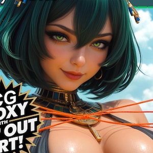 Puede incluir: Ilustración de una mujer con cabello y ojos verdes, vestida con un top oscuro y joyas. La imagen incluye el texto "TCG PROXY with POP OUT ART!" en un diseño de estrella. El fondo presenta un cielo azul y elementos arquitectónicos.
