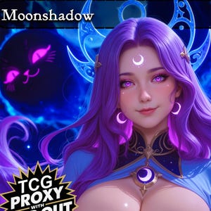 May include: Digital art of a woman with long purple hair, purple eyes, and a crescent moon on her forehead. She wears a blue and gold outfit with a moon pendant. The background is a dark blue with a glowing cat silhouette and the text "Moonshadow".