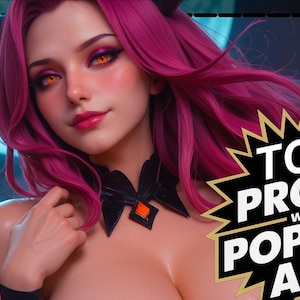 May include: Digital art of a woman with pink hair, horns, and wings, set against a night sky with a full moon. The image includes the text "TCG PROXY with POP OUT ART!"