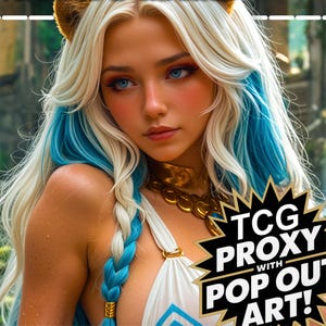May include: A woman with long, wavy blonde hair with blue streaks and blue eyes. She wears a gold necklace and a white top with blue accents. The image includes the text "TCG PROXY WITH POP OUT ART!"