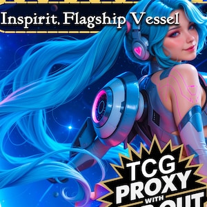 May include: Digital art of a woman with long blue hair and futuristic headphones. The image features the text "Inspirit, Flagship Vessel" and "TCG PROXY". The woman is wearing a silver and pink futuristic outfit, set against a blue and starry background.