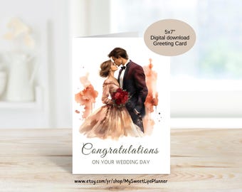 May include: A digital download greeting card featuring a watercolor illustration of a couple kissing. The card is 5x7 inches and has the text "Congratulations on your wedding day" printed on it.