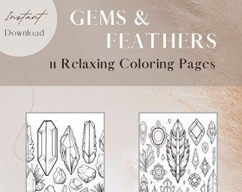 Boho Coloring Pages: Meditative Gems, Crystals, Feathers (Digital Download)