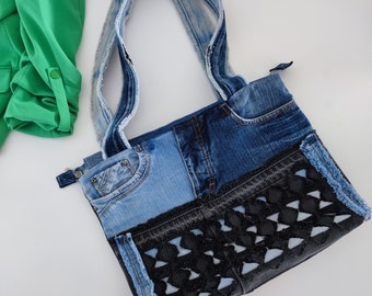 Upcycled denim tote bag | Handmade denim shoulder bag | Blue and black jeans tote bag | Boho style patchwork denim bag with pockets