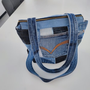 Casual style denim shoulder bag | Upcycled jeans bag | Patchwork jeans tote bag | Handmade recycled bag | Medium size denim purse