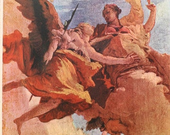 May include: A painting depicting a scene with three figures, two of whom are winged. The figures are dressed in flowing robes and are set against a background of clouds and sky. The painting is done in a loose, expressive style, with a focus on capturing the movement and energy of the figures.