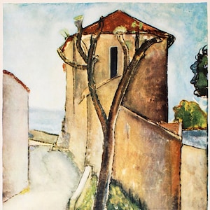 Amedeo Modigliani "Paisaje" Litografía después - impresión vintage de los años 70 - la ÚNICA con CERTIFICADO de Garantía, documento de NOTARIO y sello
