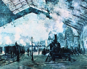 May include: A painting of a train station with a steam engine in the foreground. The station is filled with people and smoke. The painting is done in a blue and white color scheme.