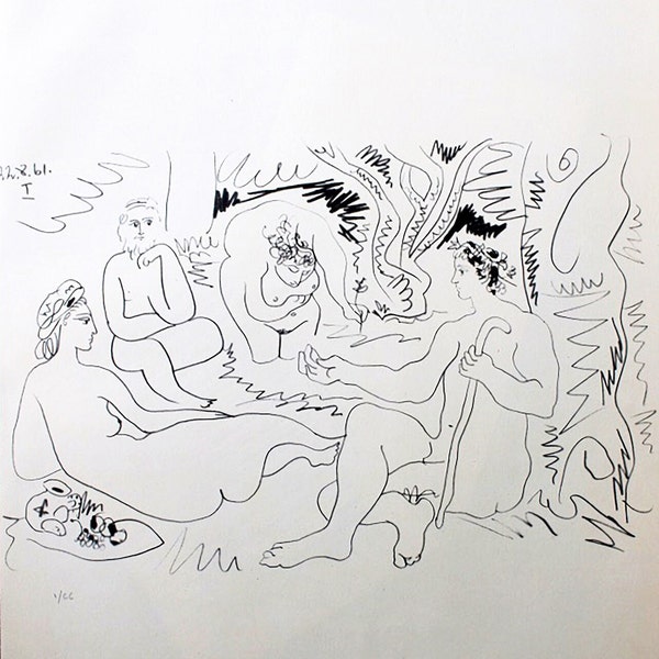 Pablo Picasso "Le déjeuner sur l'herbe" | Lithographie d'après | tirage vintage | LE SEUL avec CERTIFICAT, Document notarié de garantie et Cachet