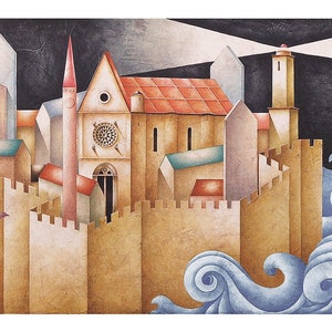 Paolo Grimaldi &quot;Assisi with lighthouse&quot; | Original lithograph cm. 54x101 (inch. 21,2&quot; X 39,7&quot;)