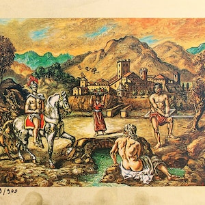 Giorgio de Chirico "Aquiles a orillas del río Peneo" | Litografía Après sobre oro de 22 kt. 15x12cm | CERTIFICADO DE GARANTÍA Documento NOTARIO