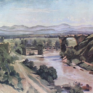 Camille Corot "El Puente de Narni" | Litografía después | impresión de la vendimia | El ÚNICO con CERTIFICADO de Garantía, Documento de NOTARIO y Sello