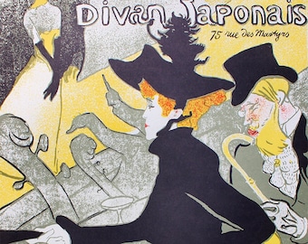 May include: A vintage poster advertising the Divan Japonais, a cabaret in Paris, France. The poster features a woman in a black dress and hat, a man in a top hat, and a yellow and green background. The text on the poster reads "Divan Japonais 75 rue des Martyrs Ed Fournier directeur".