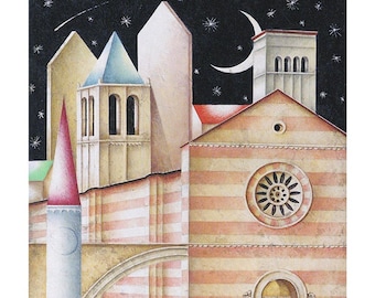 Paolo Grimaldi "Église de Santa Chiara rose" | Lithographie originale cm. 50x70|