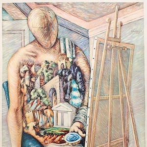 Giorgio de Chirico &quot;The Painter&quot; | Lithograph after | vintage print | The ONLY one with CERTIFICATE of Guarantee, NOTARY Document and Stamp