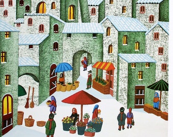 Paolo Proietti "Marché de Spello" | Lithographie originale cm. 50x70 - (19,6x27,5 pouces)