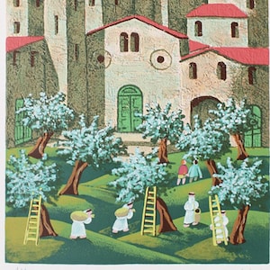 Norberto „Die Olivenernte“ | Original-Siebdruck cm. 50 x 60 (Zoll 19,69&quot; x 23,62&quot;)