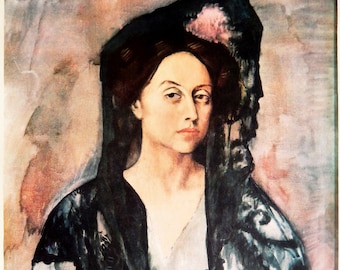 May include: A watercolor painting of a woman wearing a black lace shawl and a pink flower in her hair. The background is a soft pink and blue.