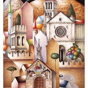 Paolo Grimaldi &quot;Assisi with Porziuncola&quot; | Original lithograph, 50 x 70 cm (19.68&quot; x 27.55&quot;)