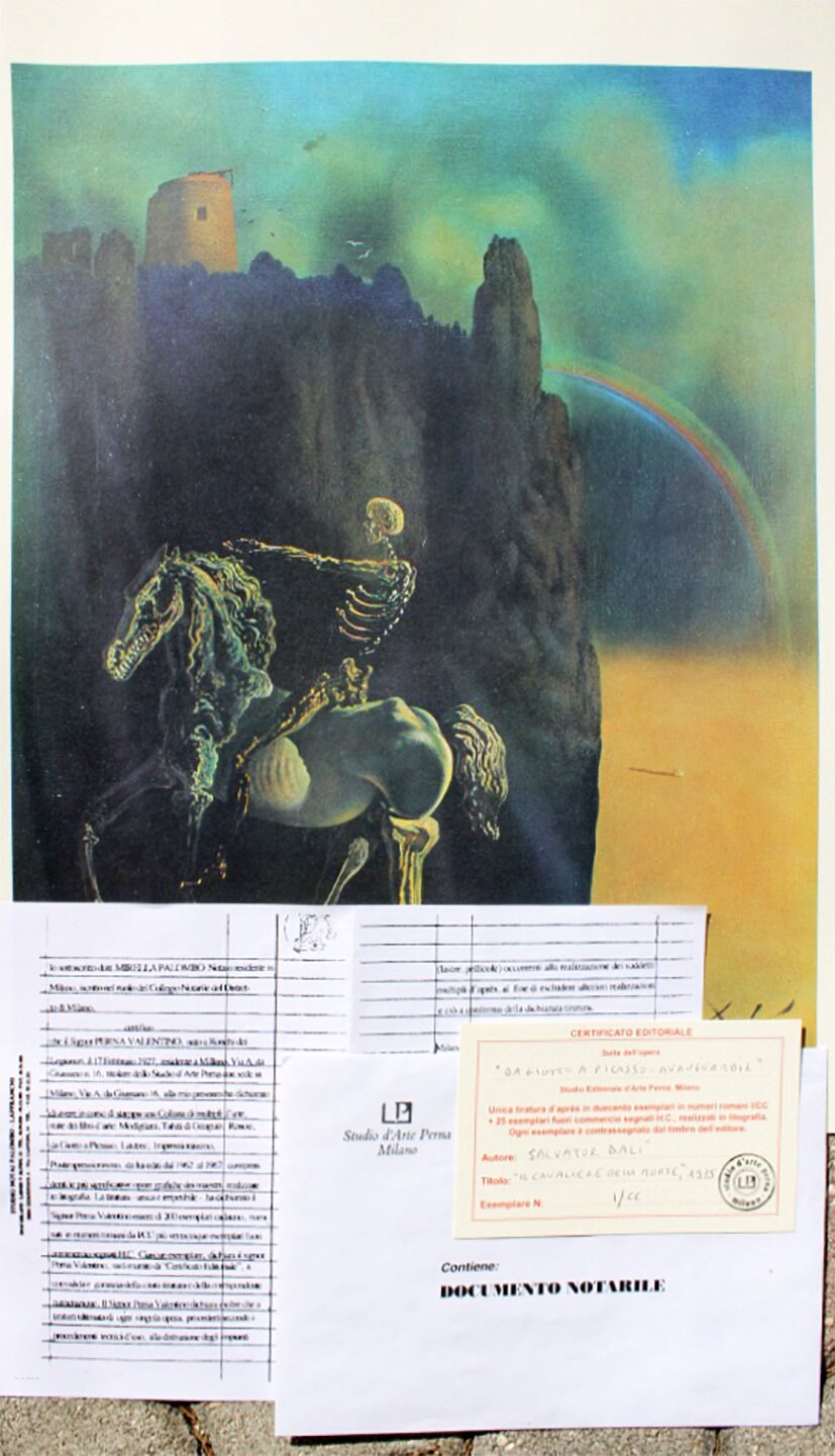 サルバドール ダリ リトグラフ 保証書 サルバドール・ダリ「死の騎士」リトグラフ、ヴィンテージプリント