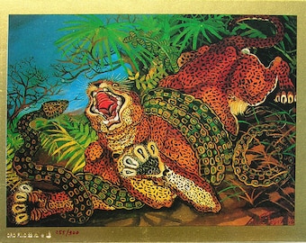 Ligabue "Leopard with snake" | Lithograph on 22 kt gold. 15x20 cm | with CERTIFICATE of Warranty, NOTARY Document and Stamp