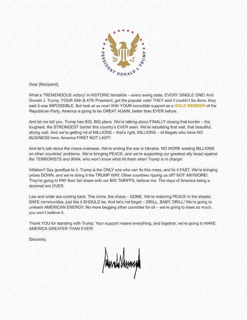 Prank President Trump Donation Receipt Letter VIP Invite Certificate Prank President Trump Donation Receipt Letter VIP Invite Certificate