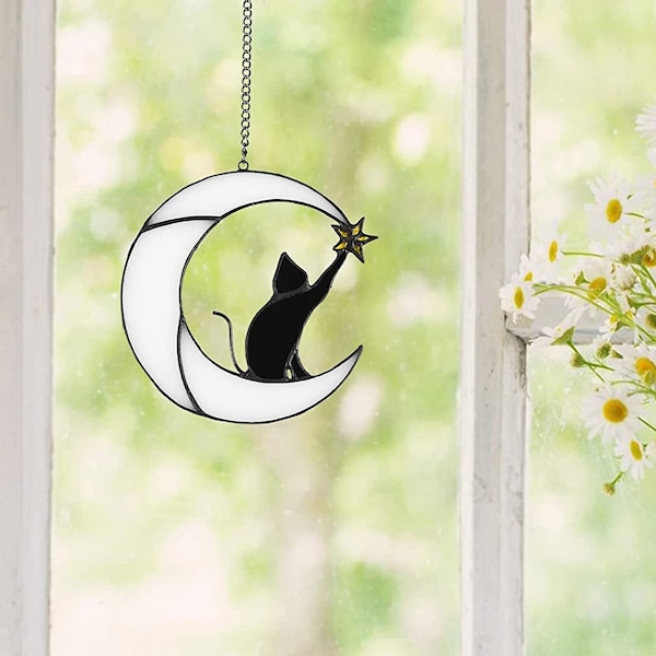 Vitrail chat sur une lune avec attrape-soleil suspendu à une fenêtre, tenture murale personnalisée, cadeau attrape-soleil pour chat, vitrail pour animaux de compagnie.