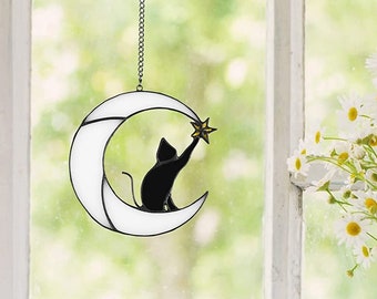 Stained Glass Cat on a Moon With Star Window Hanging Suncatcher, Wall Hanging Custom Loss of Pet Cat Suncatcher Gift, Stained Glass Pets.