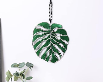 Monstera Stained Glass Suncatcher Window Hanging Monstera Leaf Glass Plant, Custom Stained Glass Wall Hanging Home Decor, Plant Gift for Her
