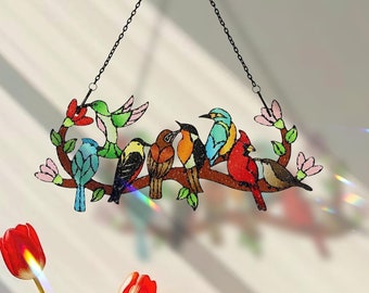 Stained Glass Colorful Birds Window Hanging Suncatcher, Painted Stained Glass Style Window Hanging Hummingbirds, Stained Glass Hummingbird.