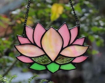 Stained Glass Lotus Flower Suncatcher Window Hanging Home Decor, Custom Stained Glass Pink Lotus Gift for Her, Stained Glass Pink Flower Art