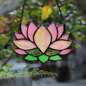 Stained Glass Lotus Flower Suncatcher Window Hanging Home Decor, Custom Stained Glass Pink Lotus Gift for Her, Stained Glass Pink Flower Art