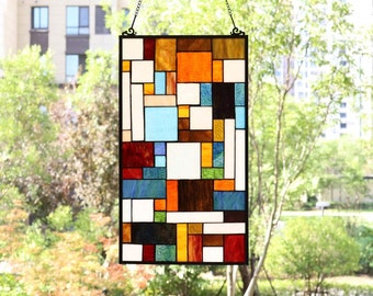 Modern Stained Glass Panel Geometric Pattern Art, Custom Window Hanging Suncatcher Home Decor, Housewarming Gift, Wall Decor Gift for Her
