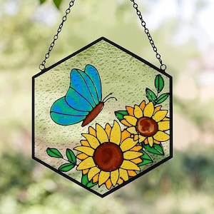 Stained Glasa-Like Custom Butterfly Sunflower Suncatcher Painted Window Hanging Glass Panel Art Window Hanging Garden Decor Mothers Day Gift
