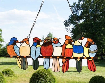 Hanging Birds Suncatcher Stained Glass Birds on a Branch, Stained Glass Art Garden Decor, Gift for Her, Colorful Flower Stain Glass Birds