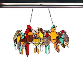 Tropical Birds Suncatcher Stained Glass Art, Window Hanging, Stained Glass Art Garden Decor, Gift for Her, Colorful Flower Stain Glass Birds