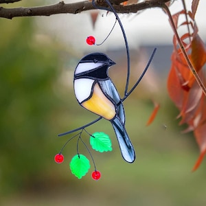 Stained Glass Chickadee Window Hanging Suncatcher for Home Decor, Handmade Custom Stained Glass Bird Hummingbird, Gift for Her, Garden Decor