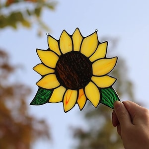 Stained Glass Yellow Sunflower Window Hanging Suncatcher for Home Decor, Stained Glass Orange Flower Art, Wall Hanging Custom Gift for Her.