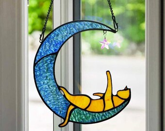Atrapasueños colgante de ventana con forma de gato durmiendo sobre una luna con estrellas, regalo de Navidad para gatos, regalo de Navidad para gatos, regalo de Navidad para gatos