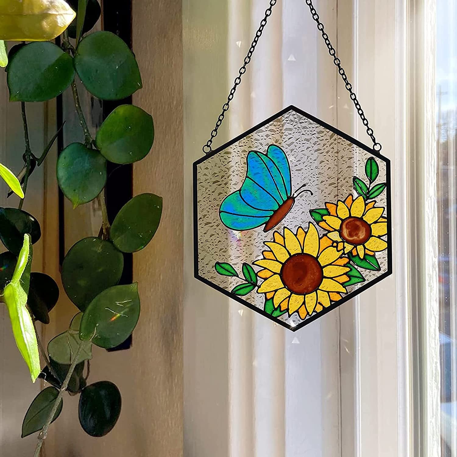 Glasmalerei Sonnenfänger – Sonnenblume & Schmetterling, Buntglas, 13x24cm, Handarbeit Für Fenster Oder Garten