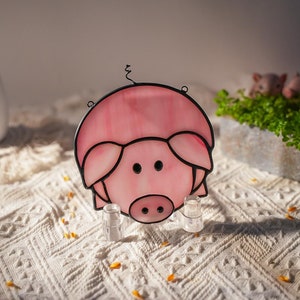 Stained Glass Cute Pig Window Hanging Suncatcher, Custom, Stained Glass Panel Decor Glass Pig Head Gift for Her. Halloween Angel Pig Decor.