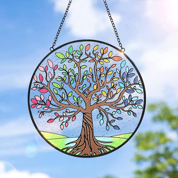 Arbre de vie personnalisé vitrail attrape-soleil Design floral tentures colorées ornement panneau de verre décor de jardin cadeau fête des pères