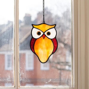 Colorful Stained Glass Owl Window Hanging Suncatchers, Glass Birds Home Decor, Bird Lover Gift, Custom Cute Glass Bird Art, Halloween Gift.