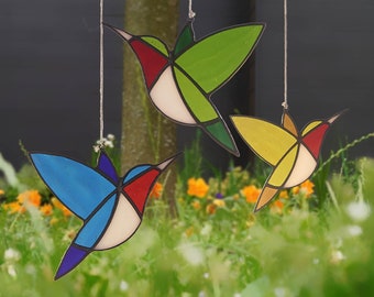 3 Hummingbirds Stained Glass Suncatchers, Window Hanging Stained Glass Art, Glass Birds for Home Decor, Stained Glass Panel. Gift for Her.
