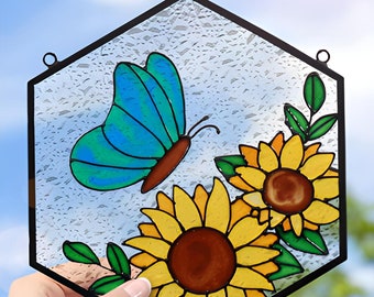 Glasmalerei Sonnenfänger – Sonnenblume & Schmetterling, Buntglas, 13x24cm, Handarbeit Für Fenster Oder Garten